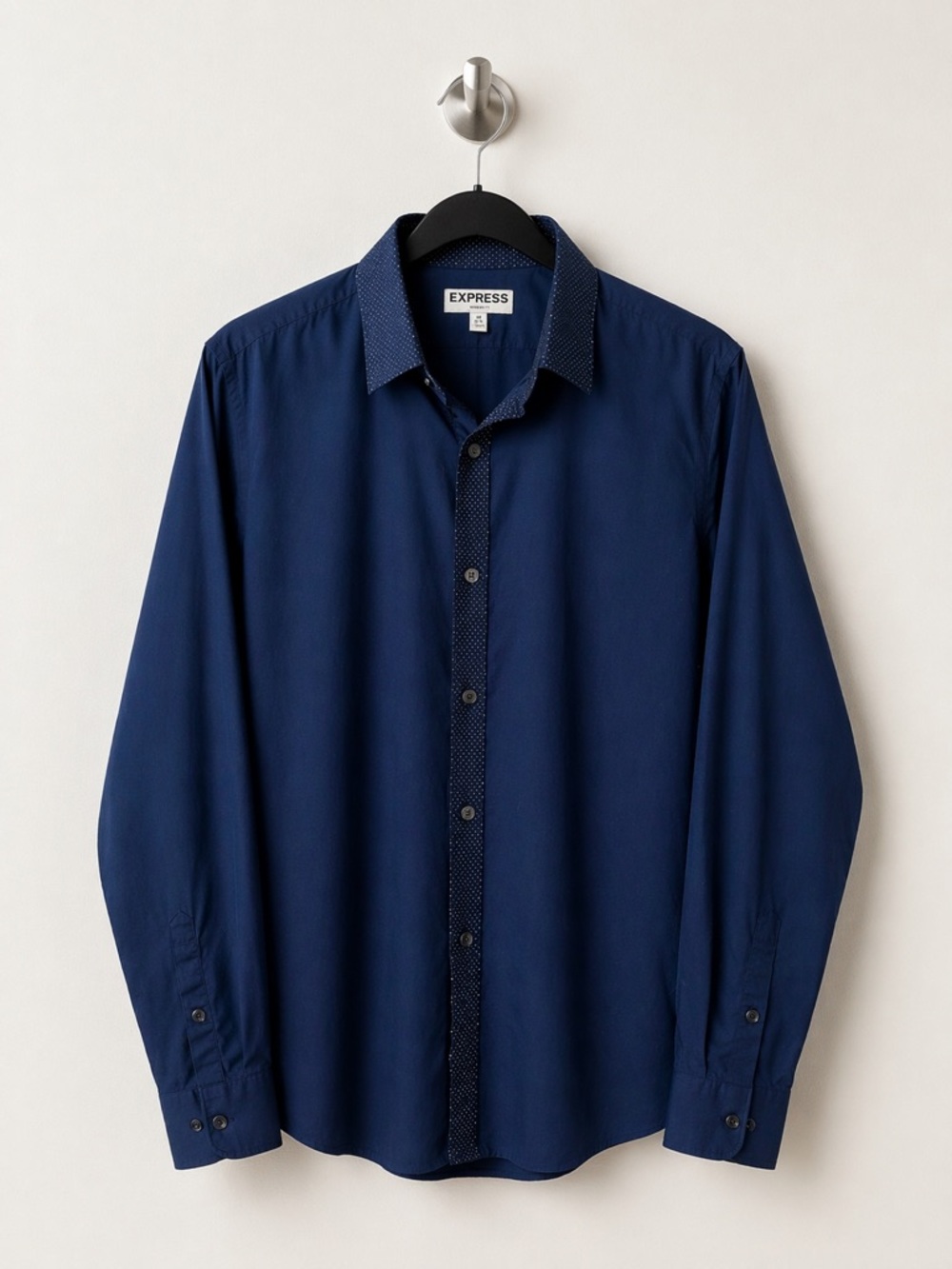 Express Navy Blue Fitted Button Up Shirt XL Long Sleeve Dot Trim Dress Shirt